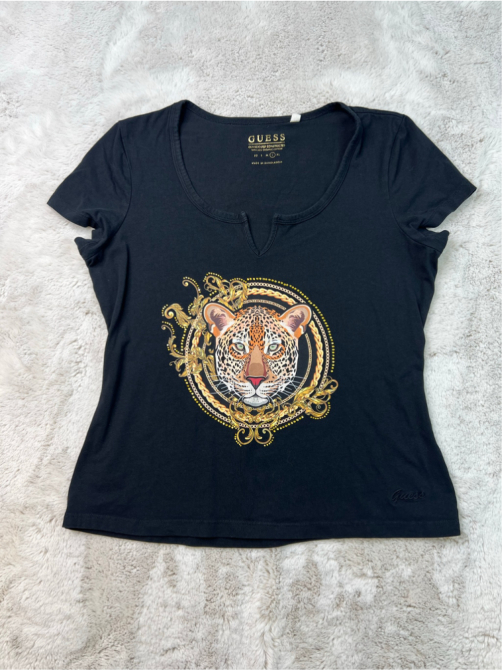 Guess Short Sleeve Tshirt Size L Black Gold Leopard Graphic Rhinestones Cotton